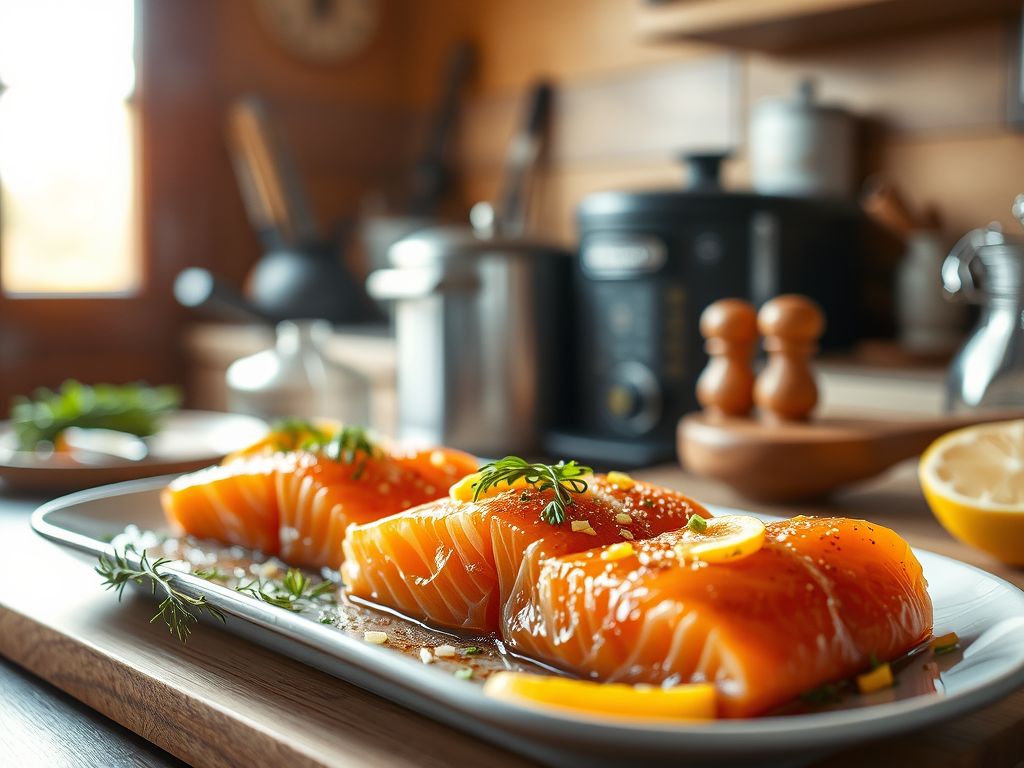 Smoked salmon on a plate in a kitchen