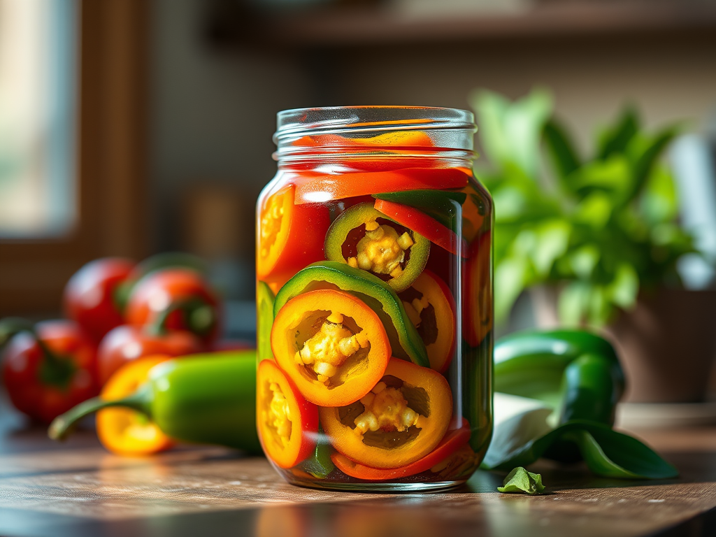 Easy pickled peppers in a glass jar